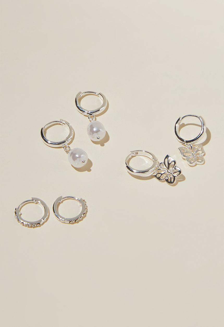 Rubi - 3 Pack mid earring - sterling silver plated butterfly pearl