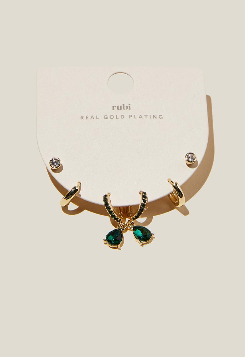 Rubi - 3 Pack small earring - gold plated emerald green drop