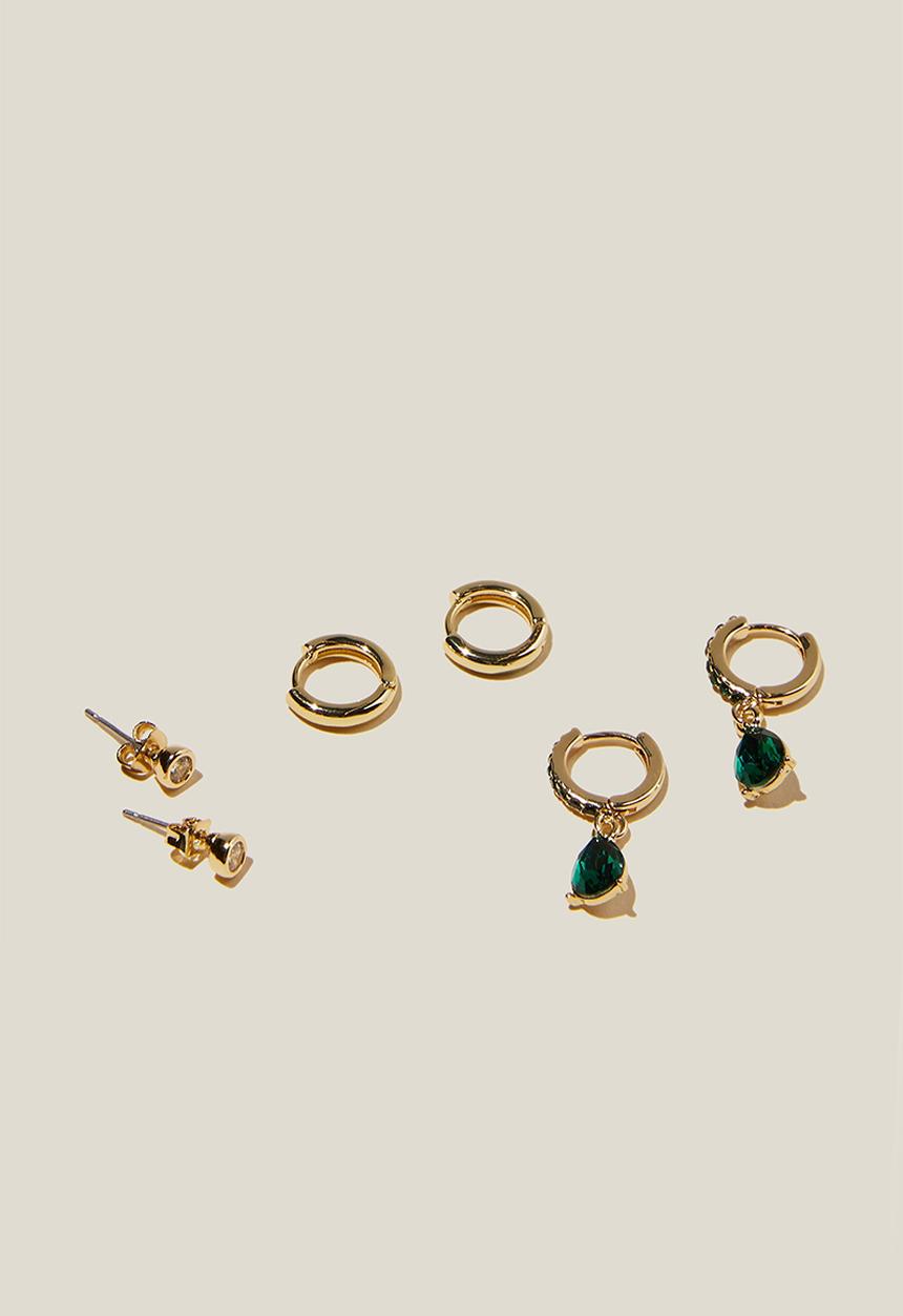 Rubi - 3 Pack small earring - gold plated emerald green drop