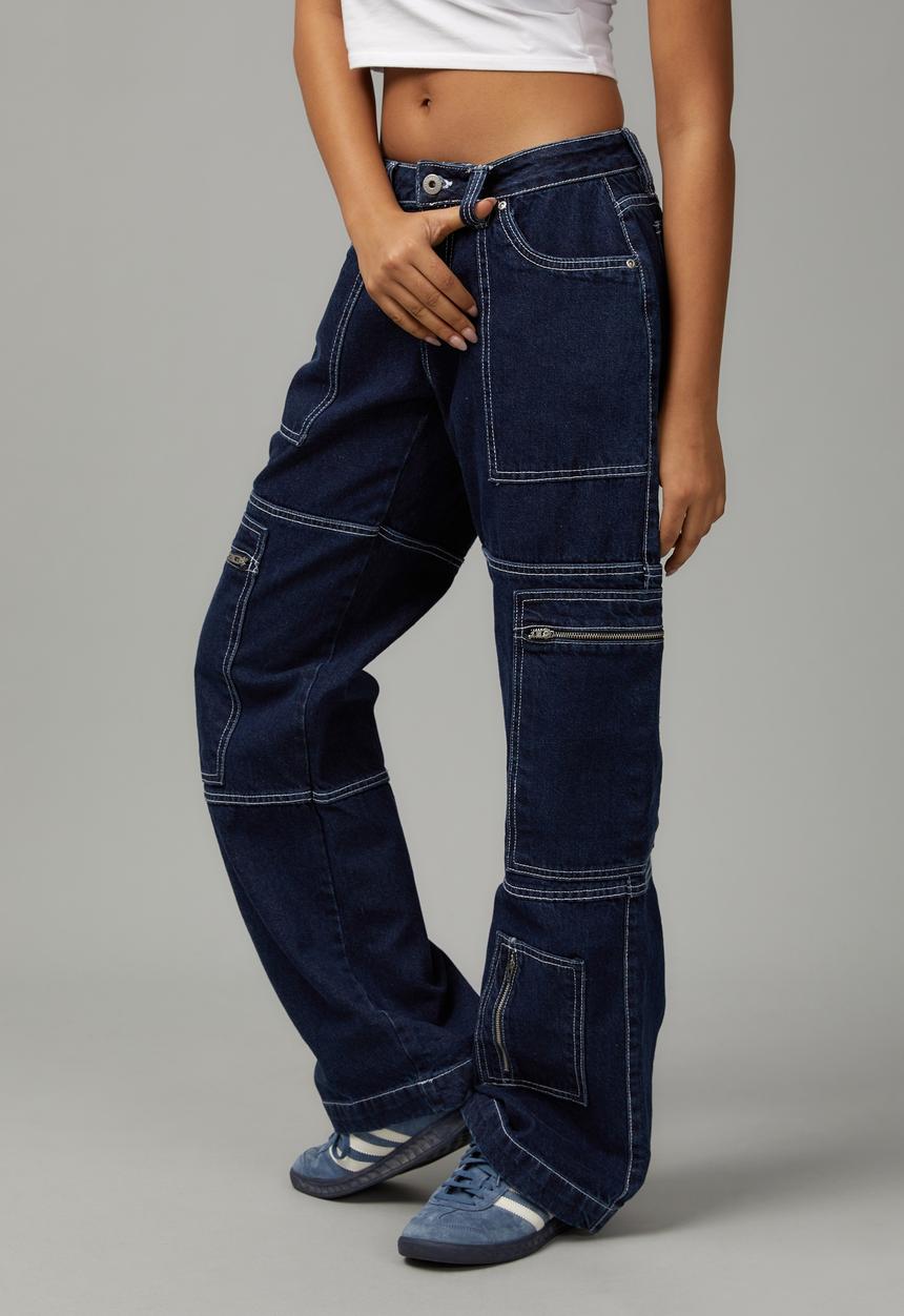 Factorie - Low rise zip jean - indigo/white stitch