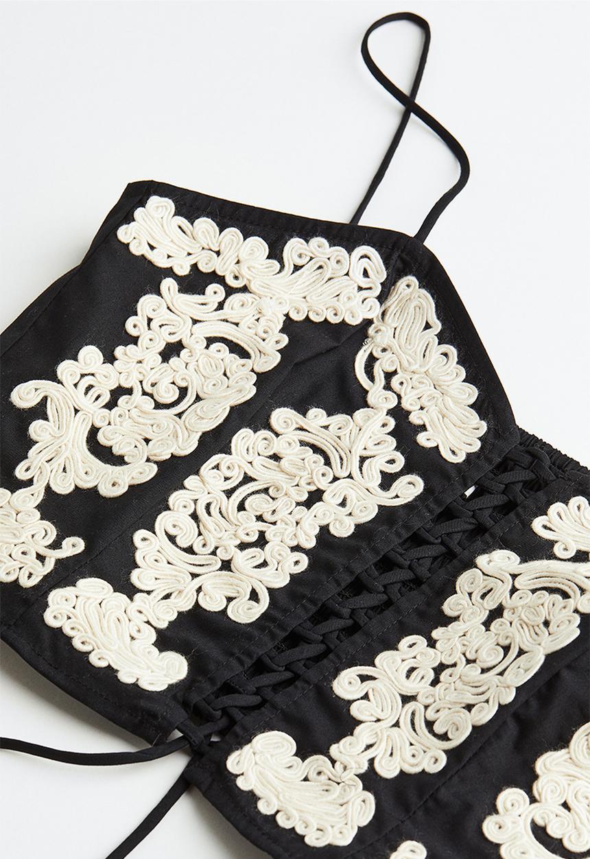 H&M - Drawstring-detail top - black patterned 