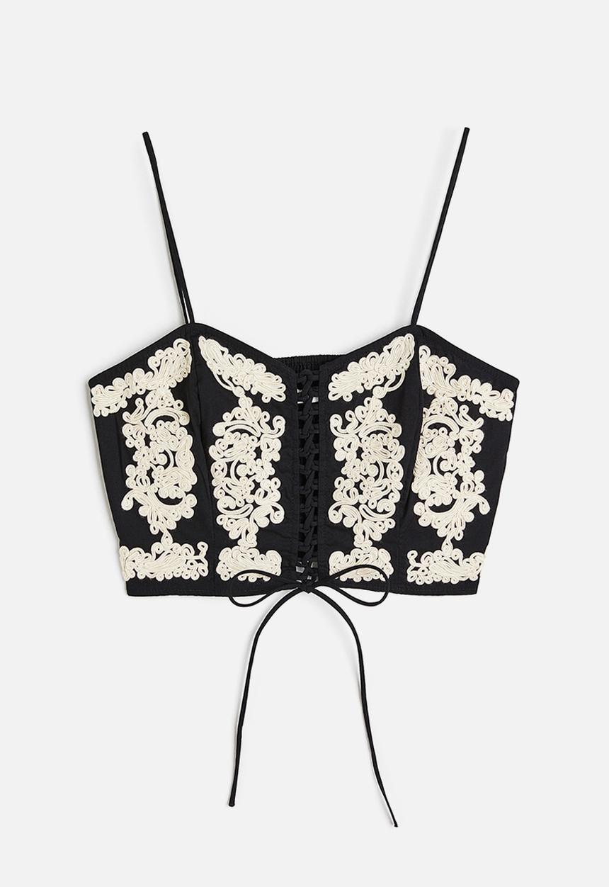 H&M - Drawstring-detail top - black patterned 