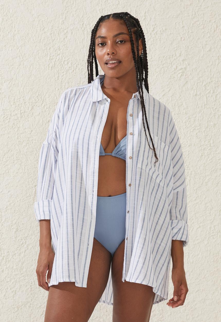 Cotton On - Plus swing beach shirt - blue dusk stripe