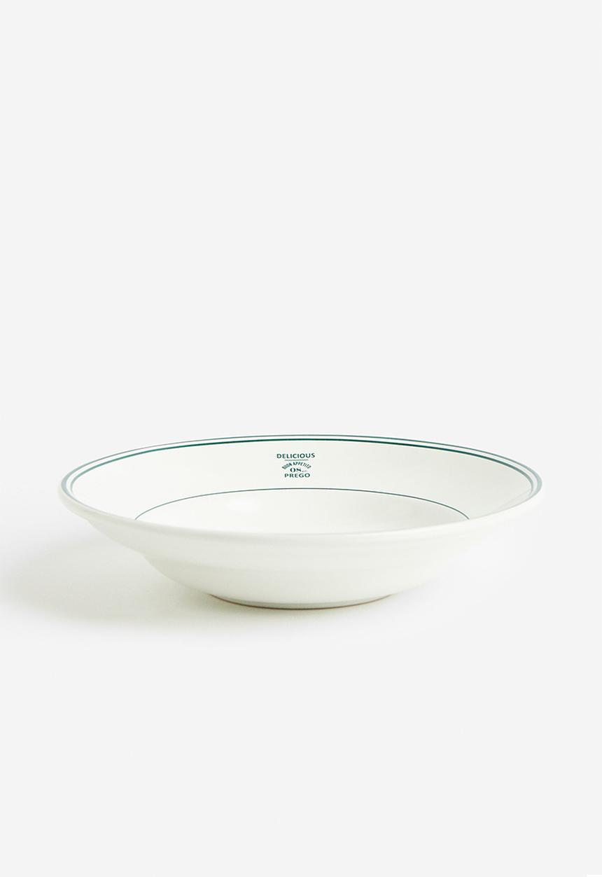 H&M - Deep stoneware plate - white & green 