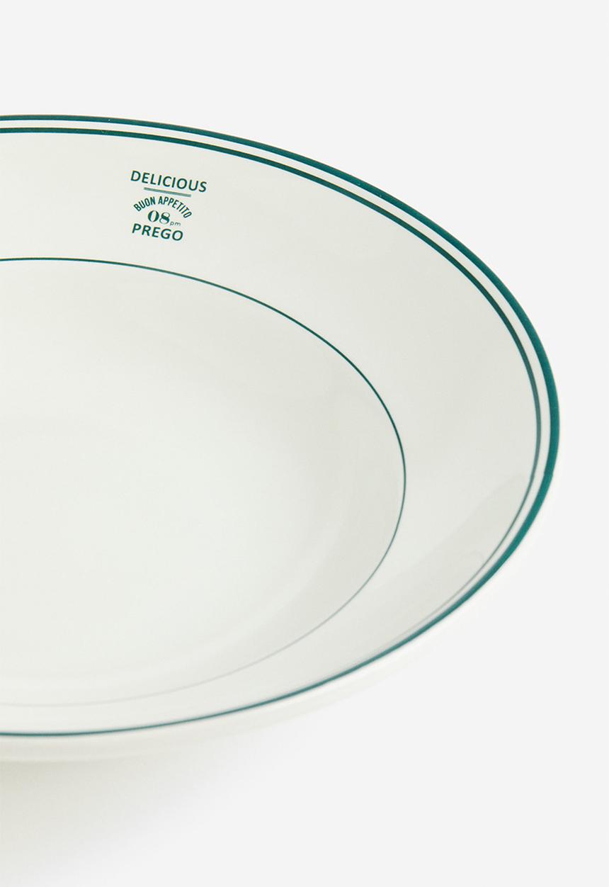 H&M - Deep stoneware plate - white & green 