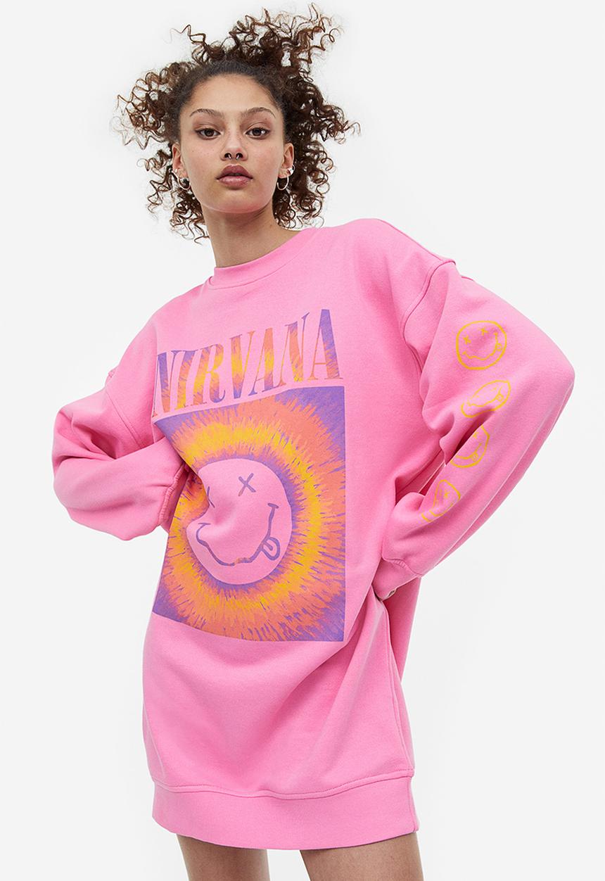 H&M - Oversized printed sweatshirt dress - pink nirvana