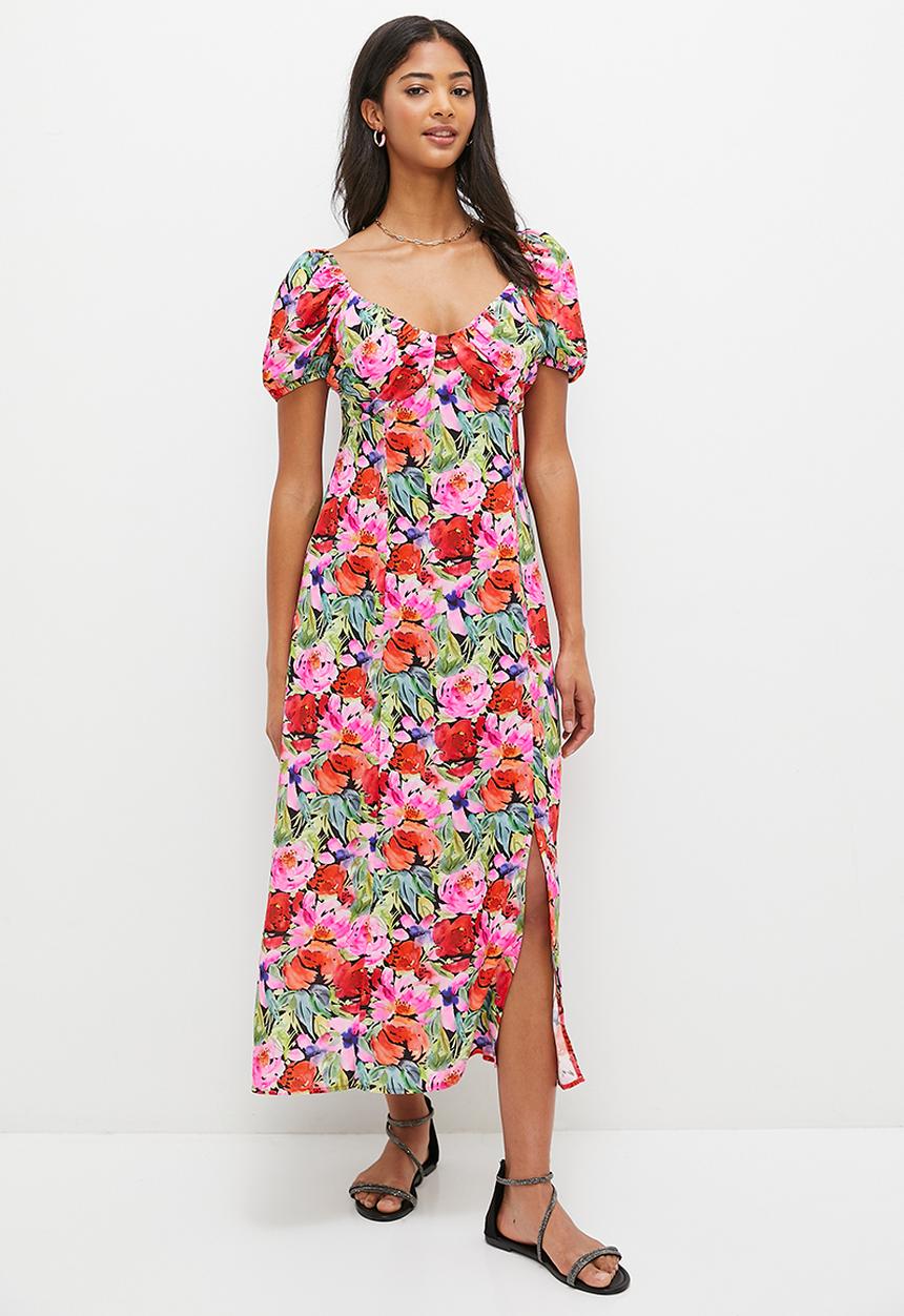 MILLA - Empire midi dress with slit - tropical watercolour