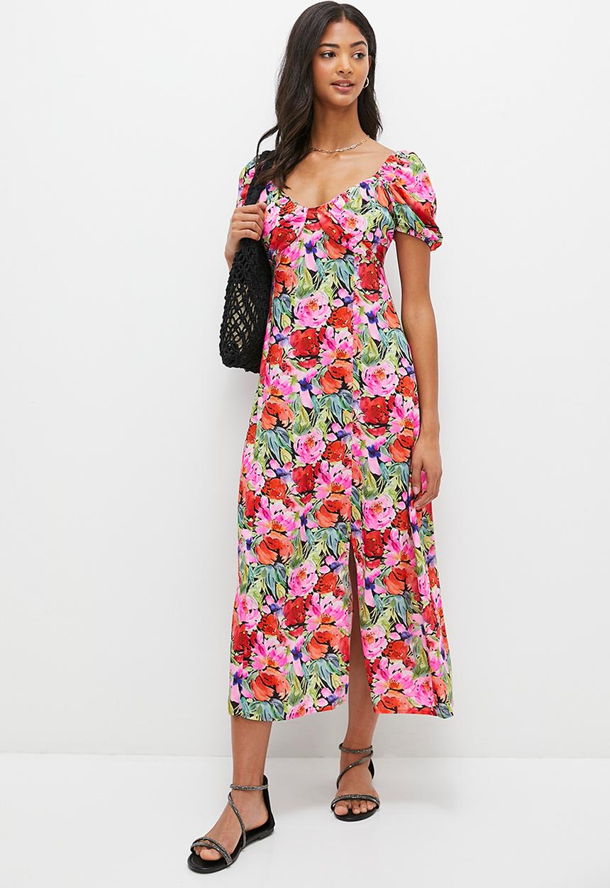 MILLA - Empire midi dress with slit - tropical watercolour