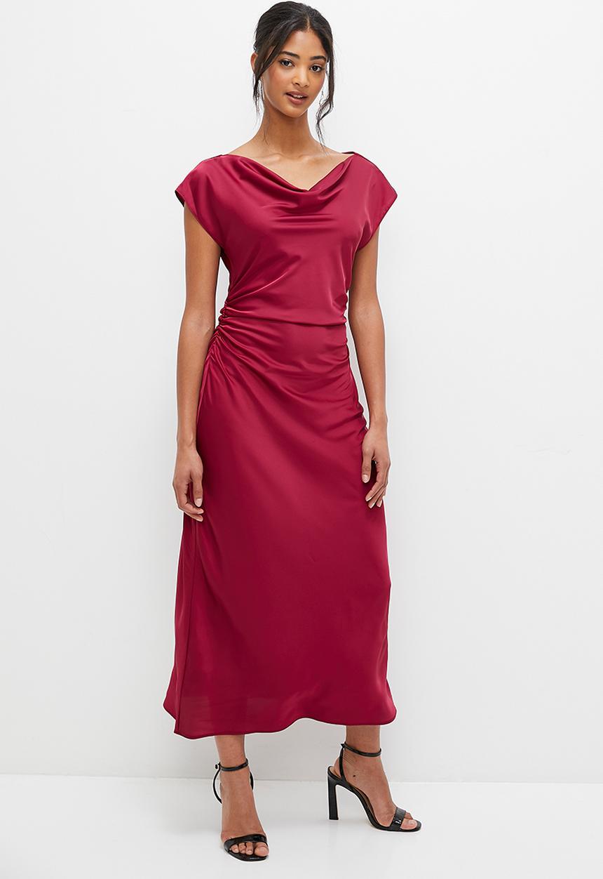 MILLA - Slash neck satin bias dress - burgundy