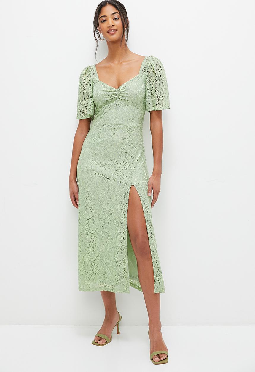 MILLA - Lace empire midi dress with flutter sleeve - green