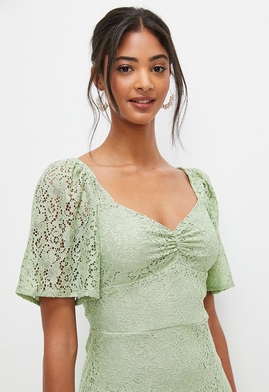 MILLA - Lace empire midi dress with flutter sleeve - green