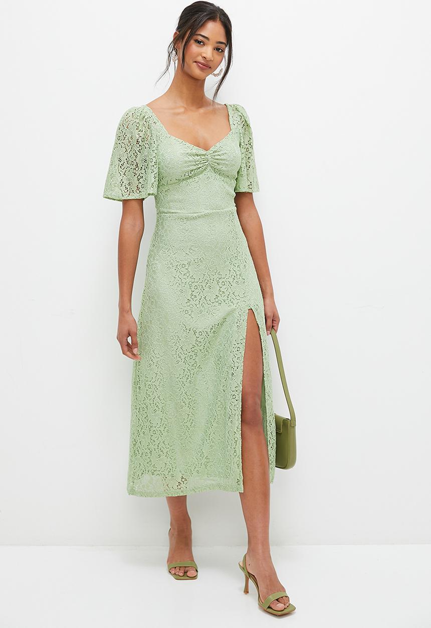 MILLA - Lace empire midi dress with flutter sleeve - green