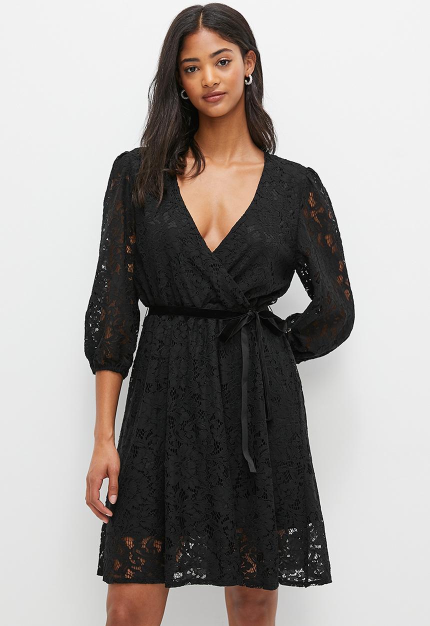 MILLA - Lace balloon sleeve mini dress - black