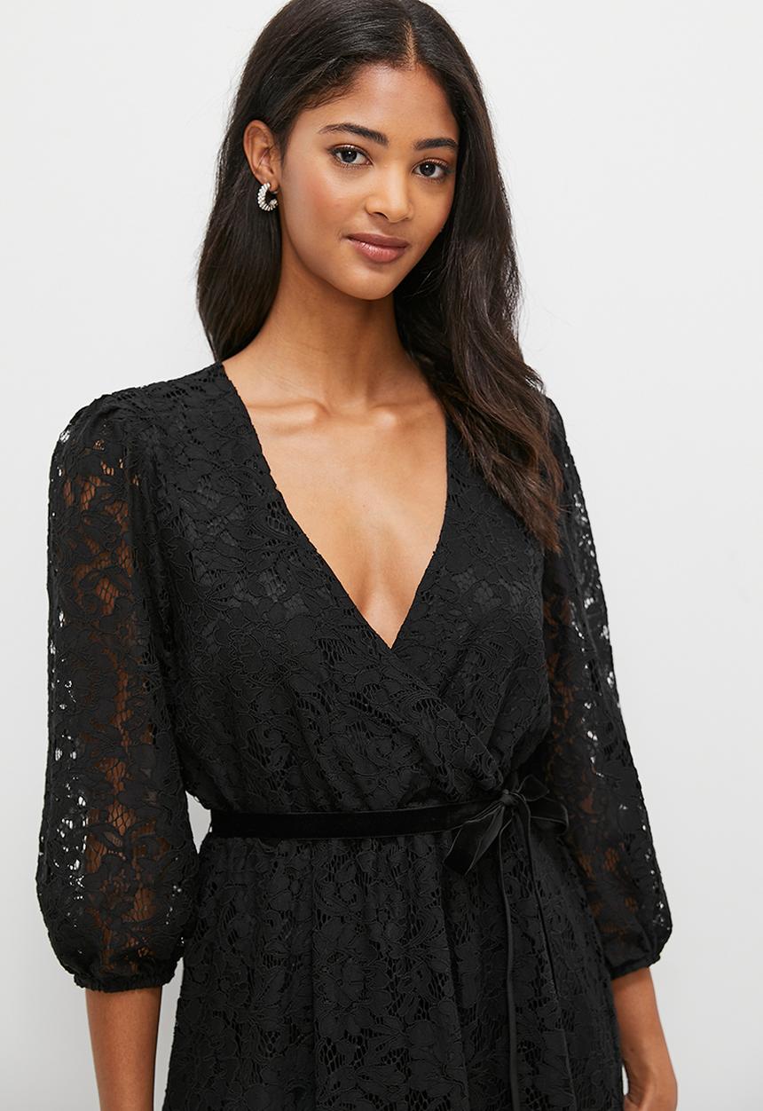 MILLA - Lace balloon sleeve mini dress - black