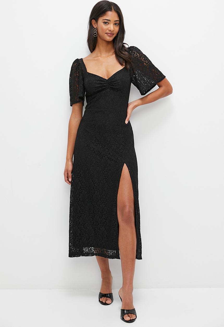 MILLA - Lace empire midi dress with flutter sleeve - black