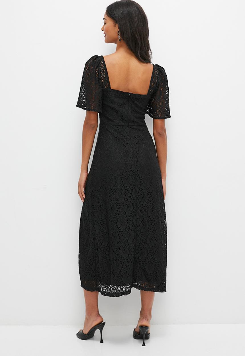 MILLA - Lace empire midi dress with flutter sleeve - black