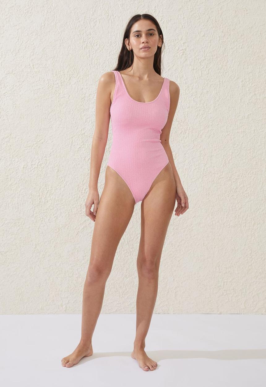 Cotton On - Scoop back one piece cheeky - pink fizz crinkle