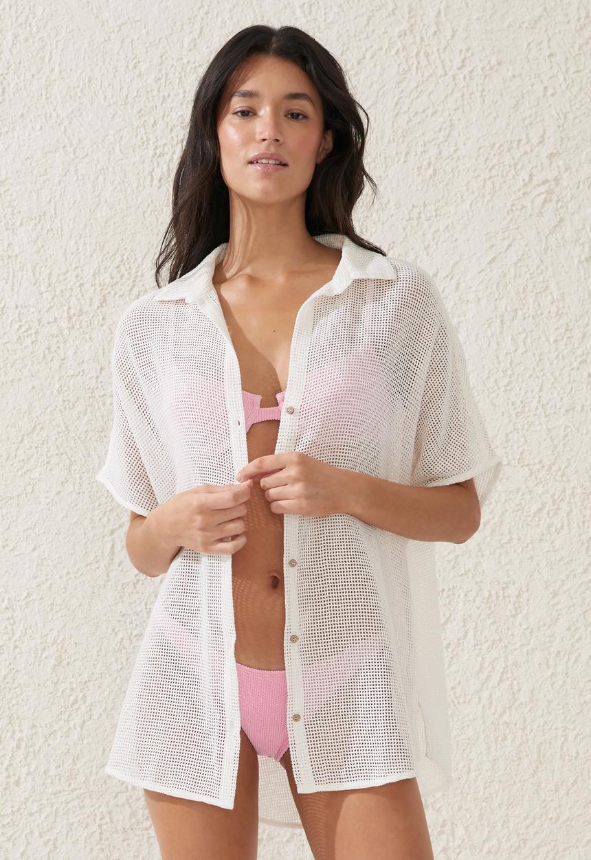 Cotton On - Open mesh short sleeve shirt - white