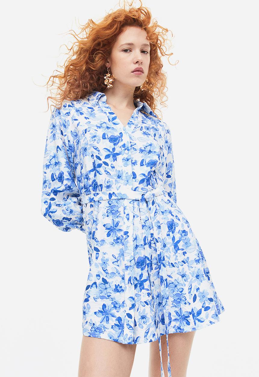 H&M - Tie-belt dress - white blue floral 