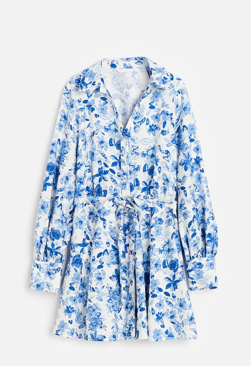 H&M - Tie-belt dress - white blue floral 