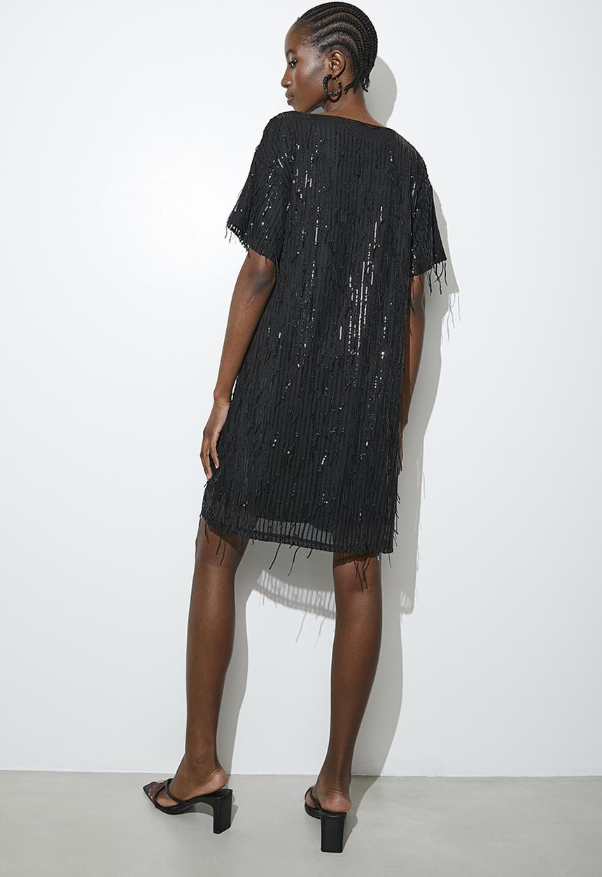 VELVET - Fringe sequin mini shift dress - black