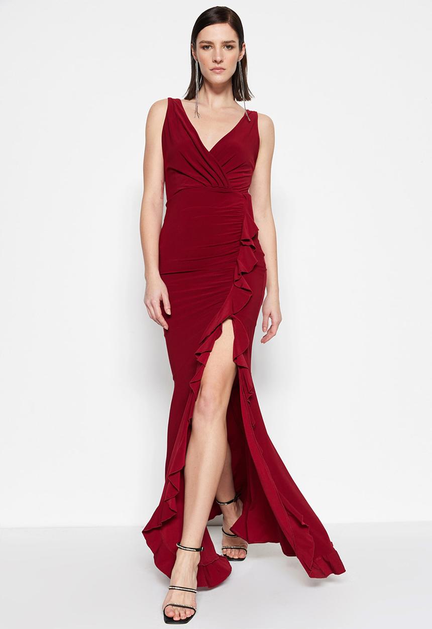 Trendyol - Sleeveless mermaid maxi prom dress - burgundy
