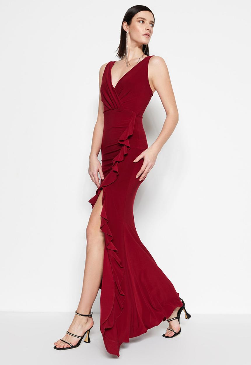 Trendyol - Sleeveless mermaid maxi prom dress - burgundy