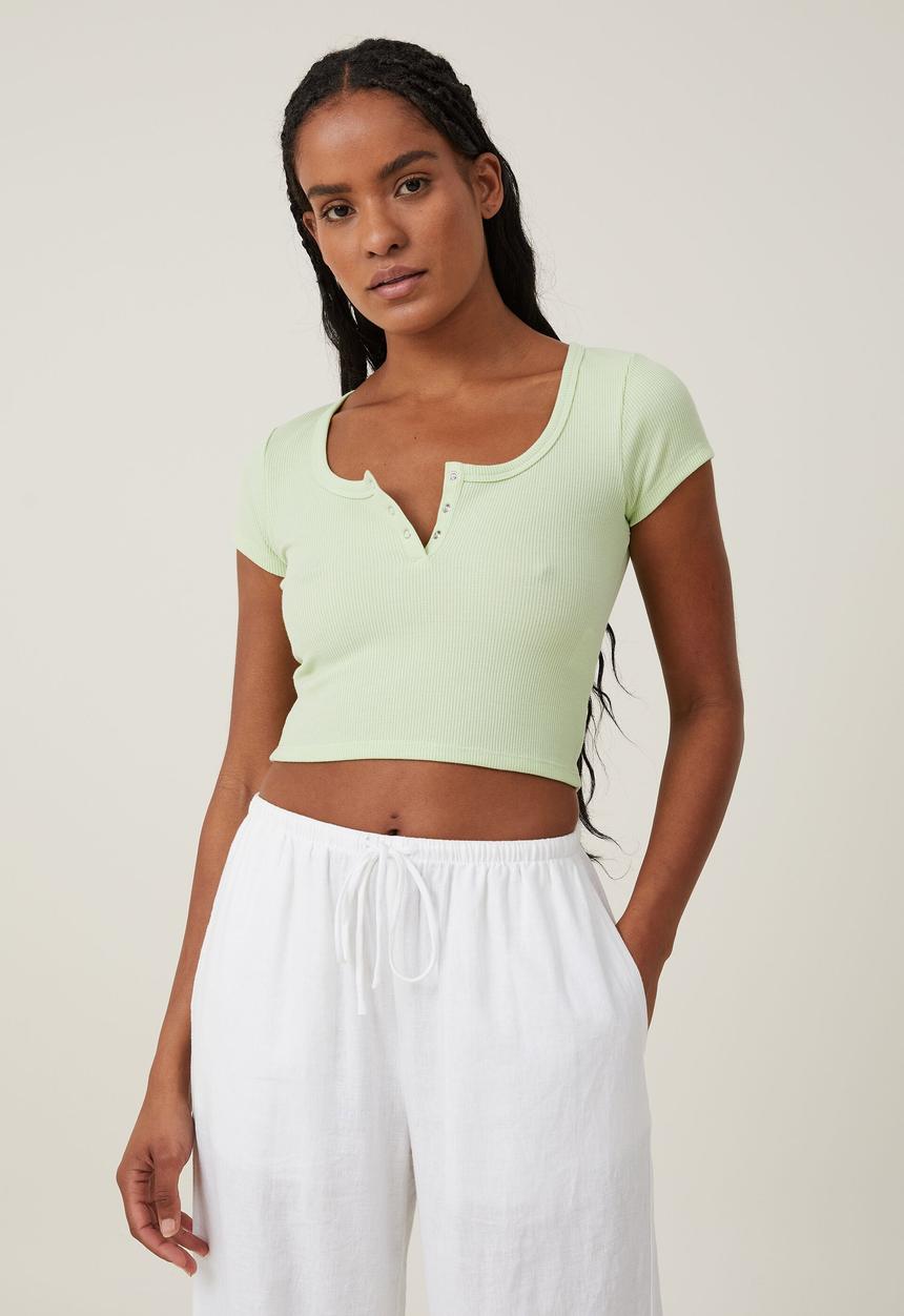 Cotton On - Willa waffle short sleeve henley - iced matcha