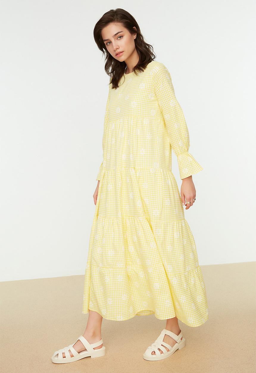 Trendyol - Modest floral plaid dress - yellow