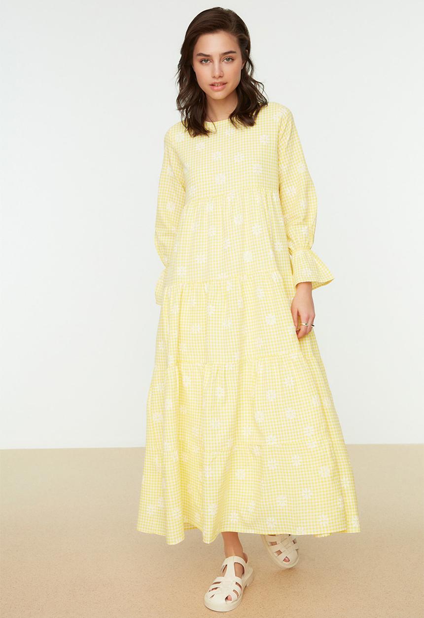 Trendyol - Modest floral plaid dress - yellow