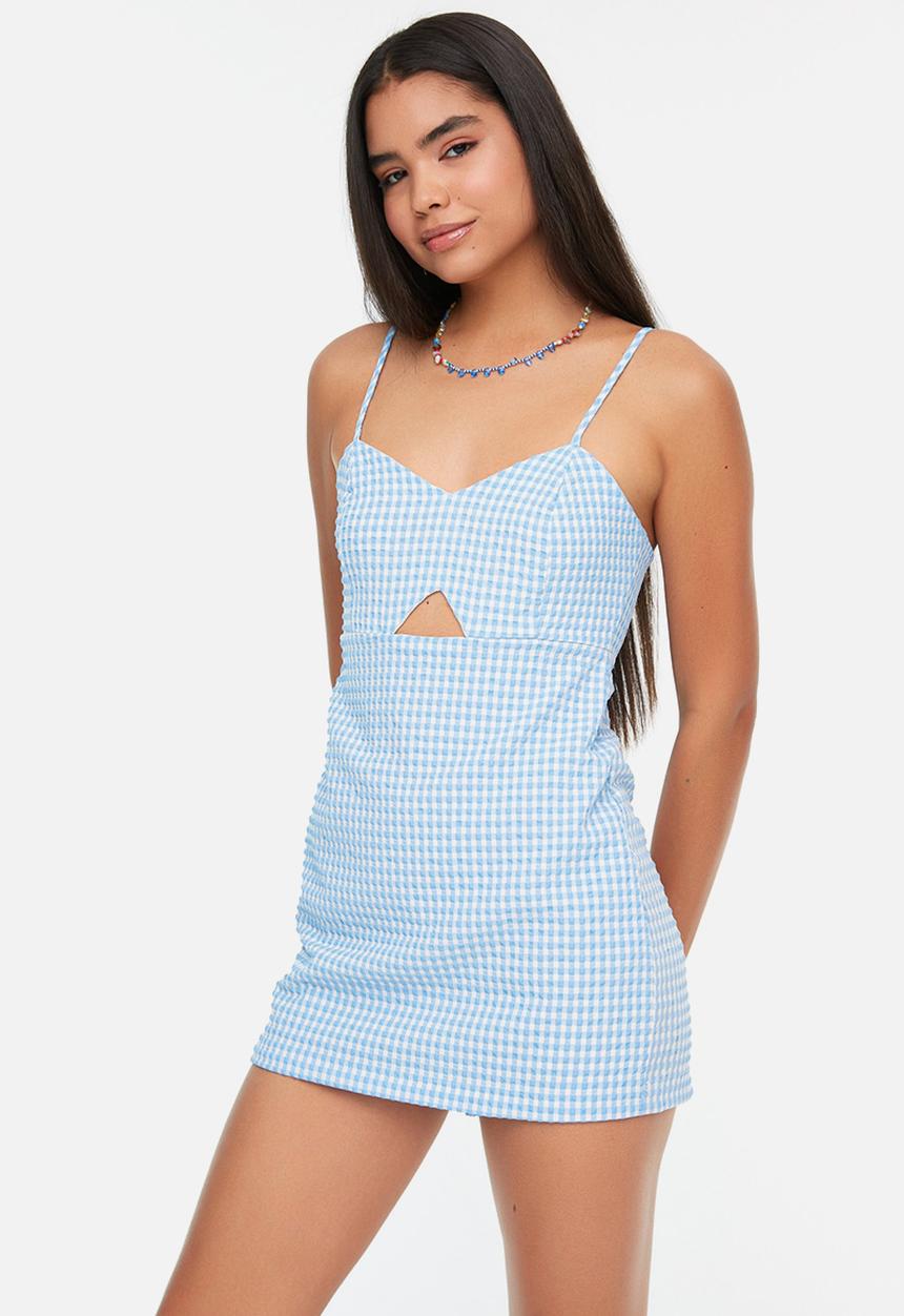 Trendyol - Plaid v-neck short jumpsuit - blue