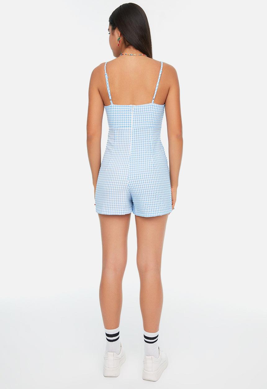 Trendyol - Plaid v-neck short jumpsuit - blue