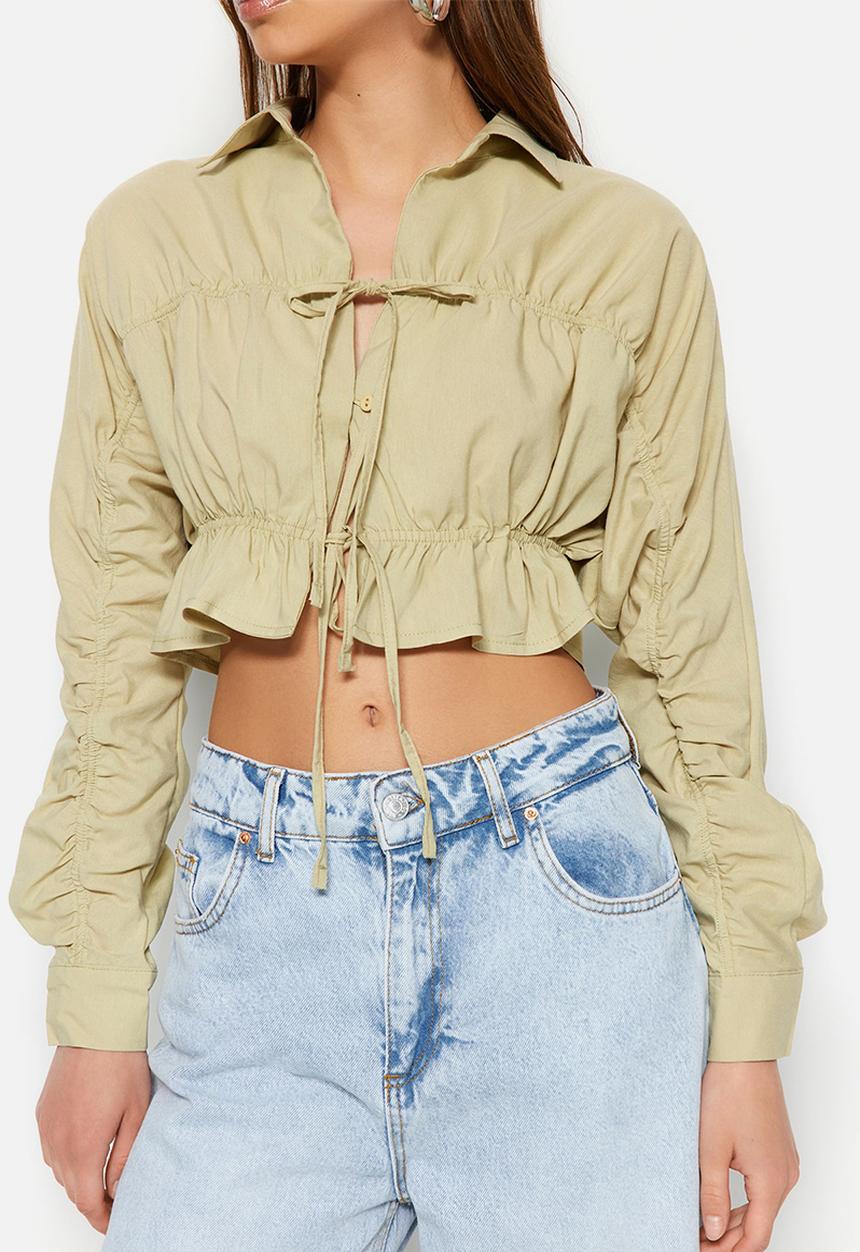 Trendyol - Cropped tie front shirt - light khaki