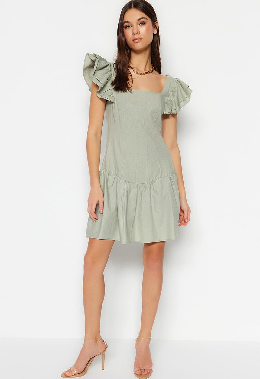 Trendyol - Mini flare sleeve mini skater dress - green