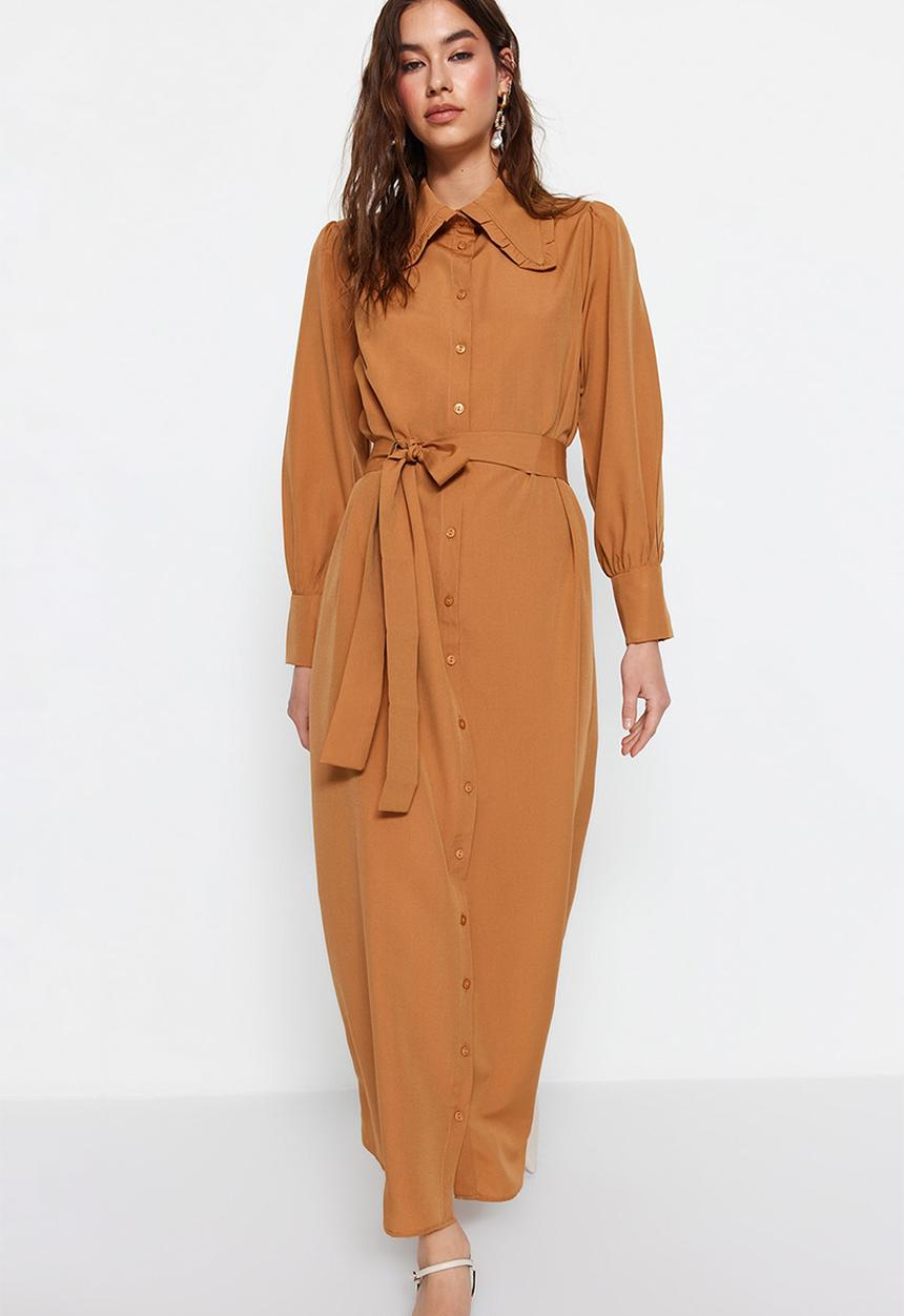 Trendyol - Modest long sleeve shirt dress - brown