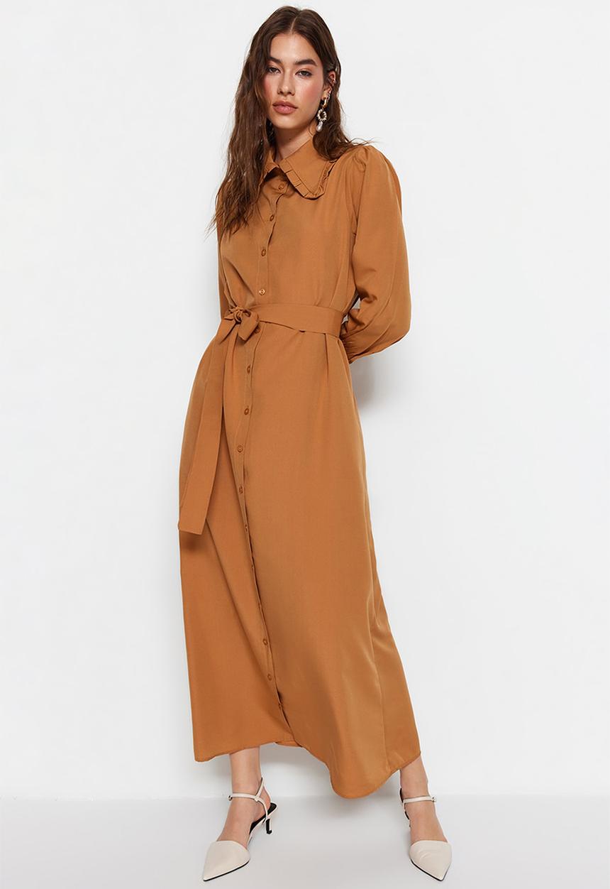 Trendyol - Modest long sleeve shirt dress - brown