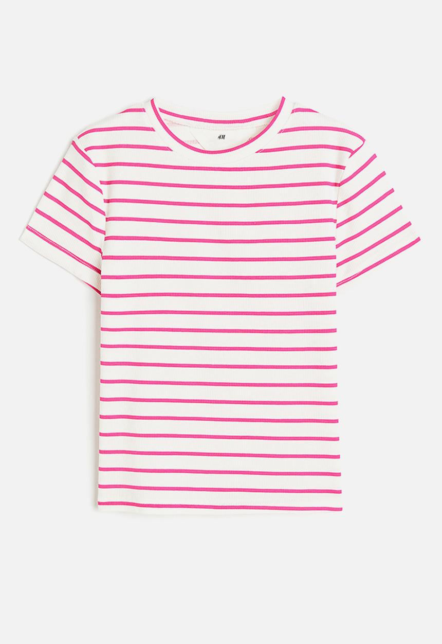 H&M - Ribbed cotton jersey top - cerise striped 