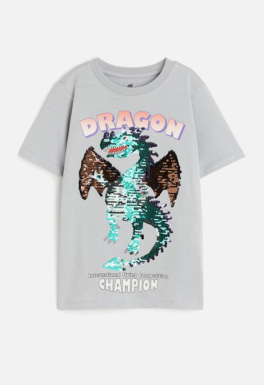 H&M - Reversible-sequin t-shirt - grey dragon