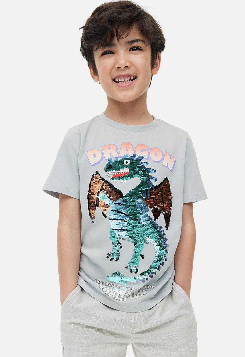 H&M - Reversible-sequin t-shirt - grey dragon