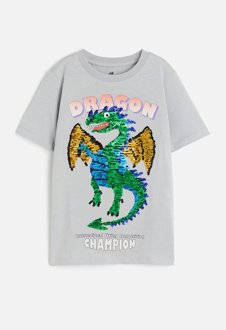 H&M - Reversible-sequin t-shirt - grey dragon