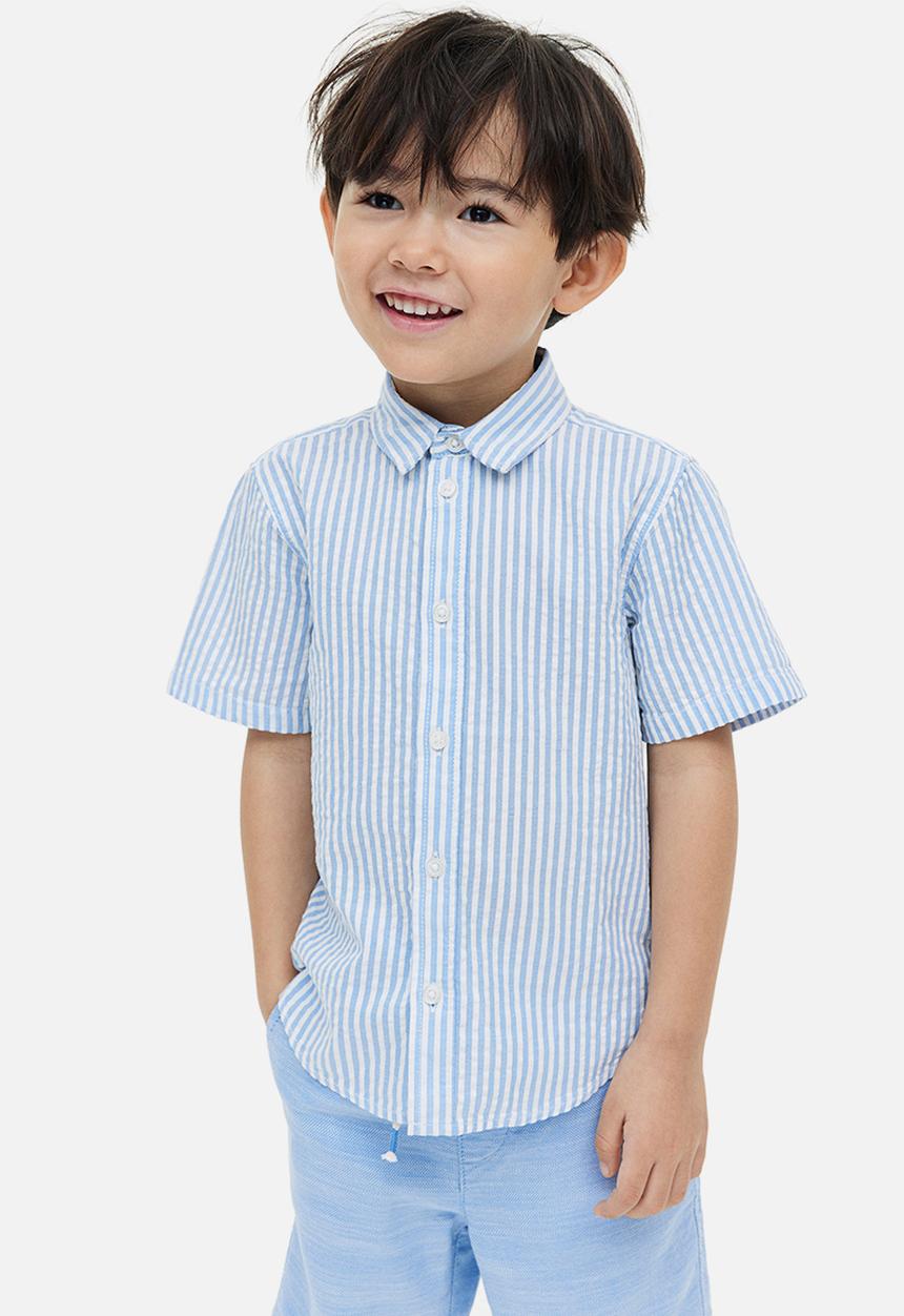 H&M - Short-sleeved cotton shirt - light blue striped 