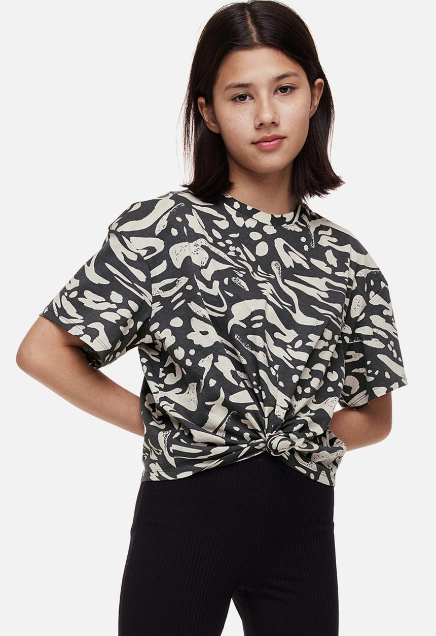 H&M - Tie-hem T-shirt - dark grey patterned
