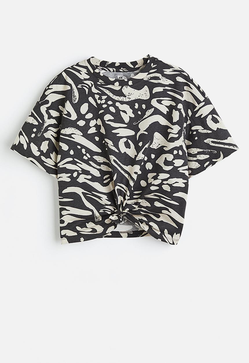 H&M - Tie-hem T-shirt - dark grey patterned