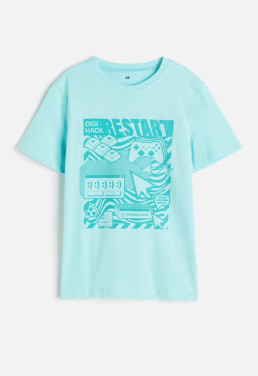 H&M - Printed cotton T-shirt - light turquoise gaming