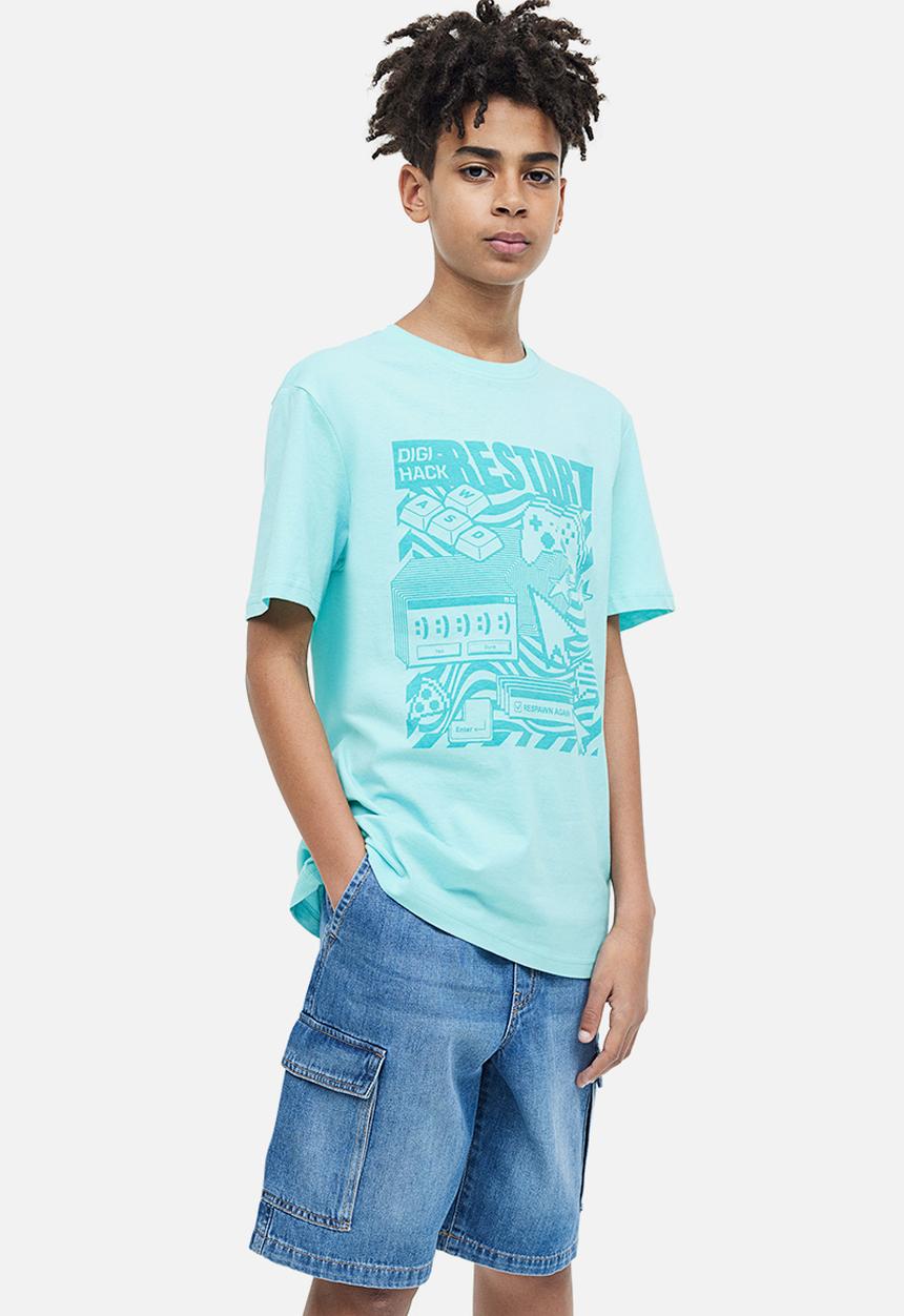 H&M - Printed cotton T-shirt - light turquoise gaming
