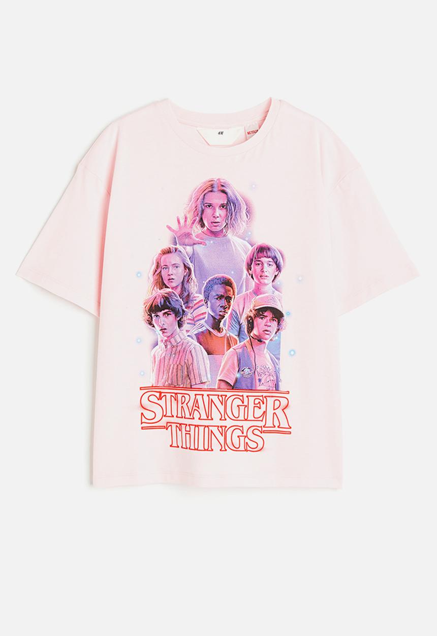 H&M - Printed cotton T-shirt - light pink stranger things 