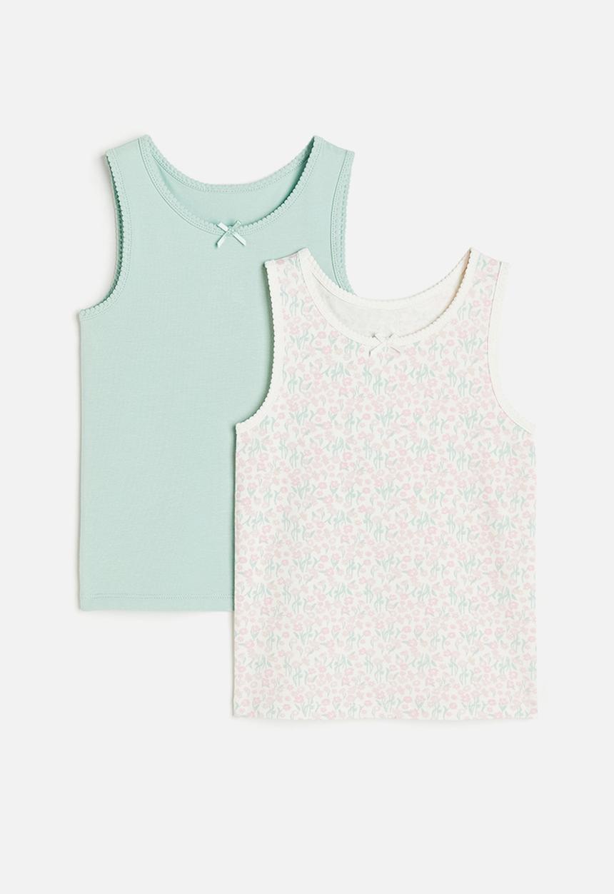 H&M - 2-pack vest tops - green, multi & white