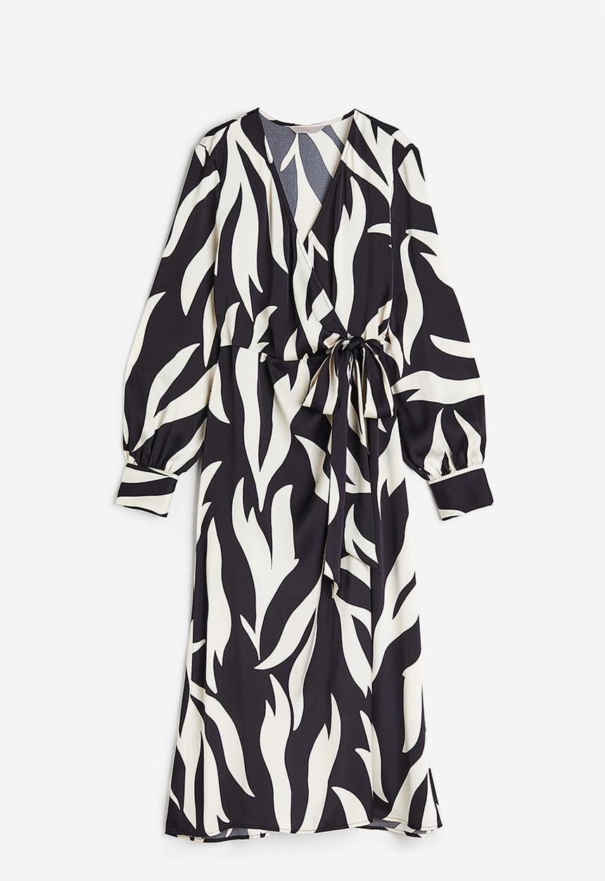 H&M - Balloon-sleeved wrap dress - black patterned