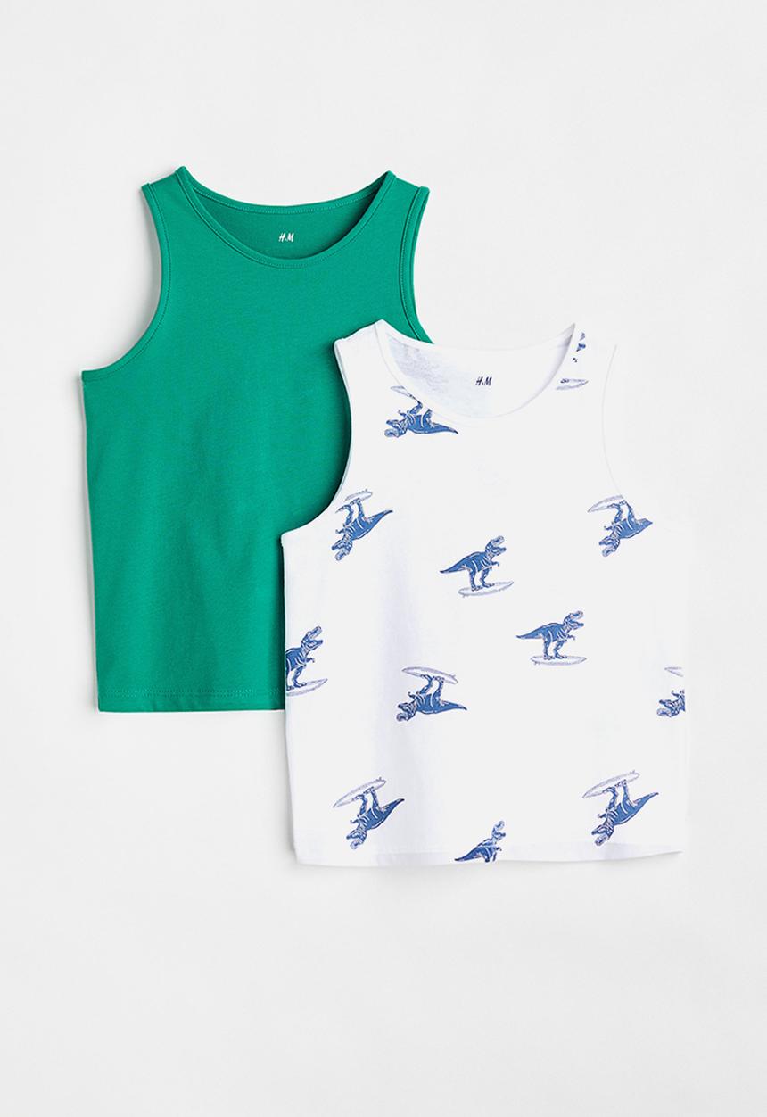 H&M - 2-pack cotton vest tops - bright green / dinosaurs 