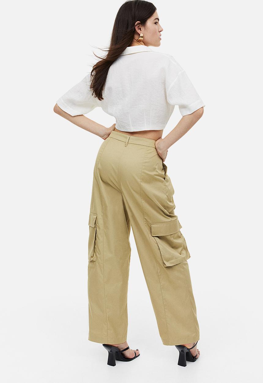 H&M - Wide utility trousers - light khaki green